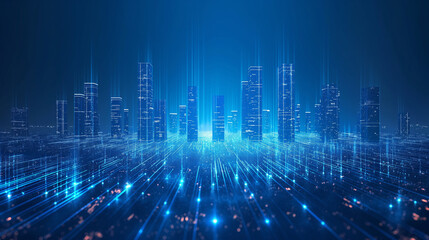 Internet speed Data communication connection network frame Modern industrial skyline city structure, city internet of things concepts wireless technology information system, abstract blue background. 
