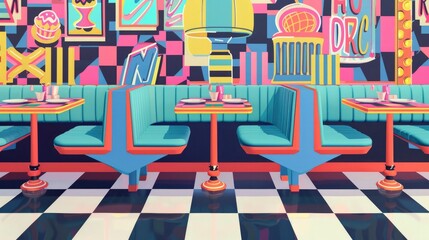 Canvas Print - Create a seamless pattern background with a retro diner theme, featuring checkerboard floors, vinyl booth upholstery, and neon signage inspired by 80's and 90's roadside eateries.