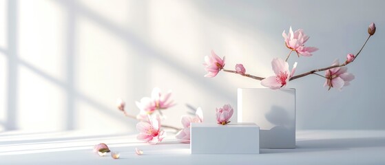 Cosmetic background. Two square podiums and pink flowers on white background