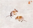 Two playing mice in on vintage background. Traditional oriental ink painting sumi-e, u-sin, go-hua. Translation of hieroglyph - joy