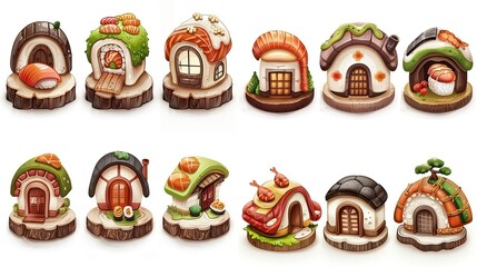 cute cartoon sushi house , summer house, childhood imagination and children book design illustration, generative Ai	
