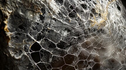 A macro shot of a spider web showcasing the intricate microtextures that allow it to catch prey..