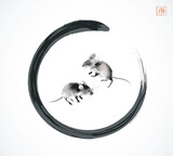 Fototapeta  - Two playing mice in black enso zen circle. Traditional oriental ink painting sumi-e, u-sin, go-hua. Hieroglyph - joy