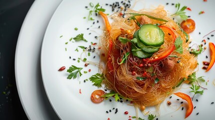 Wall Mural - Fried Vermicelli Dish with Spices Vegetables and Pickled Cucumber on White Plate