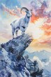 Watercolor hand drawn mountain goat on a peak, bright pastel sky and sunlight, serene nature scene