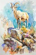 Serene scene of a mountain goat, vibrant watercolor in bright pastel hues, sunlight and clear sky, hand drawn