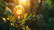Close up of light bulb on green nature background. Idea concept. AI.