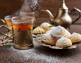 Wall Mural - Delicate Eid Sweets with Tea Celebratory Maamoul Cookies and Powdered Sugar on Kahk