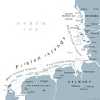 Frisian Islands, gray political map. Wadden Sea Islands, archipelago at North Sea in Europe, stretching from Netherlands through Germany to Denmark. The islands shield the Wadden Sea mudflat region.