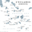 Cyclades, group of Greek islands in the Aegean Sea, gray political map. Southeast of mainland Greece. Cyclades means encircling referring to the circle the islands form around the sacred island Delos.