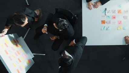 Poster - top down aerial view of professional business team present project and turn around to clap hands and