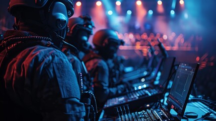 Detail of a security team's coordinated effort at a concert, close-up on equipment and teamwork in action