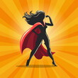 Woman Superhero Silhouette in a Red Cape on Yellow Burst Background