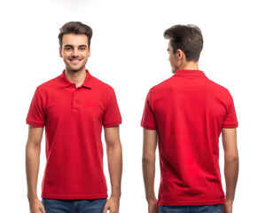 Wall Mural - Front and back views of a man wearing a red polo shirt mockup template
