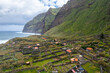 Achadas da Cruz, Madeira, Portugal. The coastal small village with the steepest cable car in Europe. Aerial drone view