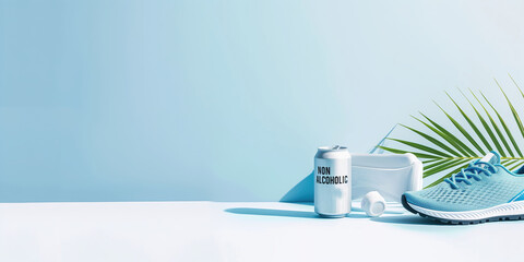 A can non-alcoholic beer sits on a table next to a pair of blue running shoes