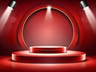 Poster - Red Podium for product presentation, Platform illuminated by spotlights.