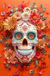 3D Sugar Skull with Flowers Vibrant Art on Orange Background