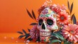3D Sugar Skull with Flowers Orange Background Digital Artwork
