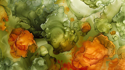 Poster - Rust Orange and Olive Green Alcohol Ink Swirls, Ultra High Definition Marble Texture.