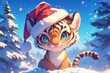 cartoon tiger wearing a christmas hat in winter