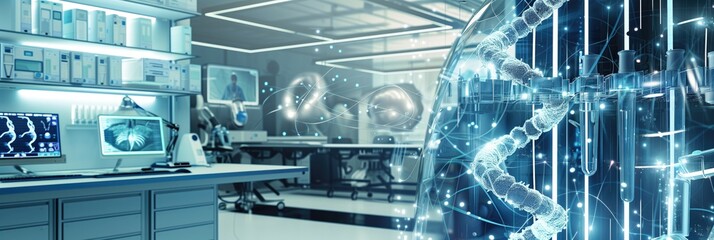 Wall Mural - close up futuristic bioengineering lab background for tests using flasks and test tubes as well as a