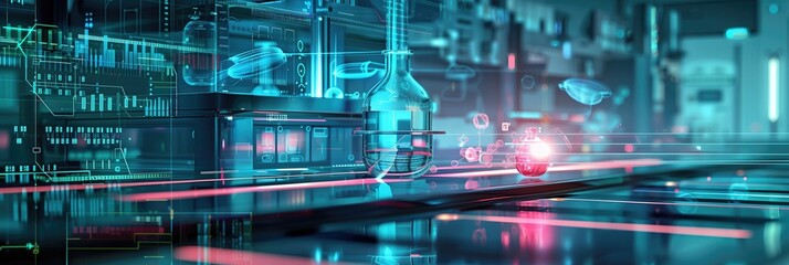 Wall Mural - close up futuristic bioengineering lab background for tests using flasks and test tubes as well as a