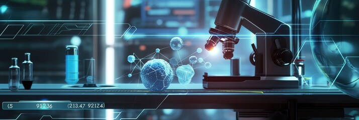 Wall Mural - close up futuristic bioengineering lab background for tests using flasks and test tubes as well as a
