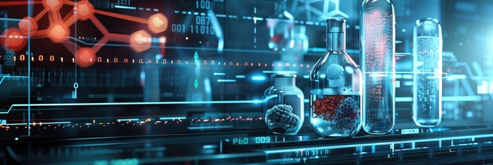 Wall Mural - close up futuristic bioengineering lab background for tests using flasks and test tubes as well as a