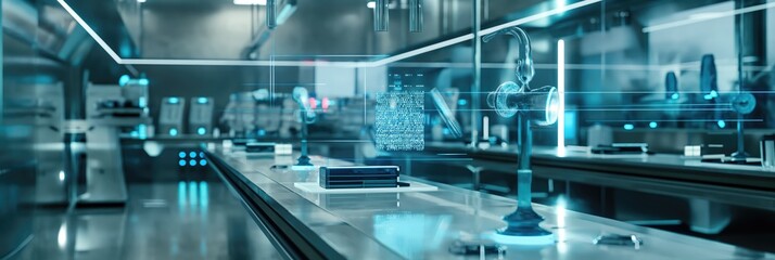 Wall Mural - close up futuristic bioengineering lab background for tests using flasks and test tubes as well as a