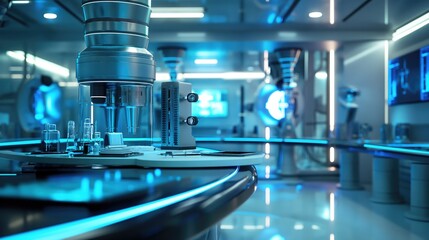 Wall Mural - close up futuristic bioengineering lab background for tests using flasks and test tubes as well as a