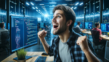  joyful software developer in their modern office, radiating joy