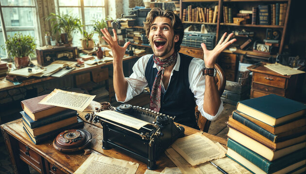 joyful writer in creative office, radiating joy as if they've just completed groundbreaking novel