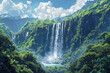 A grainy gradient illustration of a majestic waterfall cascading down a lush green mountainside.