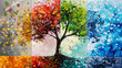 Illustration painting of a tree with four seasons phases, autumn, spring, summer and winter concept. Ai generative