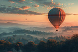 A grainy gradient illustration of a majestic hot air balloon floating over a picturesque landscape.