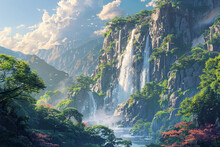 A Grainy Gradient Illustration Of A Majestic Waterfall Cascading Down A Lush Green Mountainside.