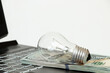 © Виктория Котлярчук - Incandescent lamp lies on dollars on laptop, high price of electricity, buy light