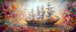 Mystical Sailing Ship on a Sea of Flowers
