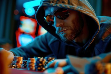 Professional poker player at casino table, man in hoodie and sunglasses playing tournament, gambling with cards and chips at night