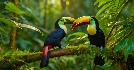 two toucans sitting together on a tree branch in a tropical forest. generative ai.