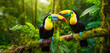 Two toucans sitting together on a tree branch in a tropical forest. Generative AI.