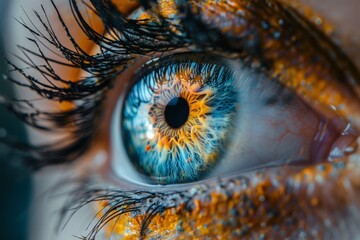 Extreme close-up of a human eye with incredible detail of the colorful iris and eyelashes, highlighting beauty and vision