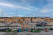 View of the city of San Vincenzo. Fishing nets in the port of San Vincenzo, Livorno, Tuscany, Italy