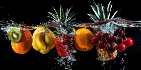 Wall Mural - pineapple, oranges, kiwi, banana, strawberry, cherry, falling into the water,