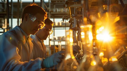 An R&D center featuring engineers wearing protective glasses while researching.