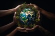 Illustration of a hand from diverse cultural backgrounds coming together to hold the Earth, promoting unity in global protection
