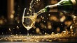 A captivating scene depicting the art of pouring champagne into a glass, showcasing the sparkling bubbles and the golden color of the beverage against a luxurious backdrop. Type of Image: Digital Illu