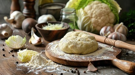 Sticker - Photo of dough cooked cabbage and rolling pin on a table