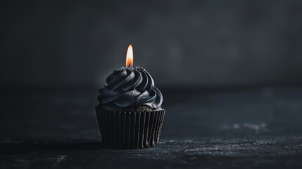 Wall Mural - Aesthetic black cupcake with candle, dark background, copy space. Celebration anniversary concept. Generative AI